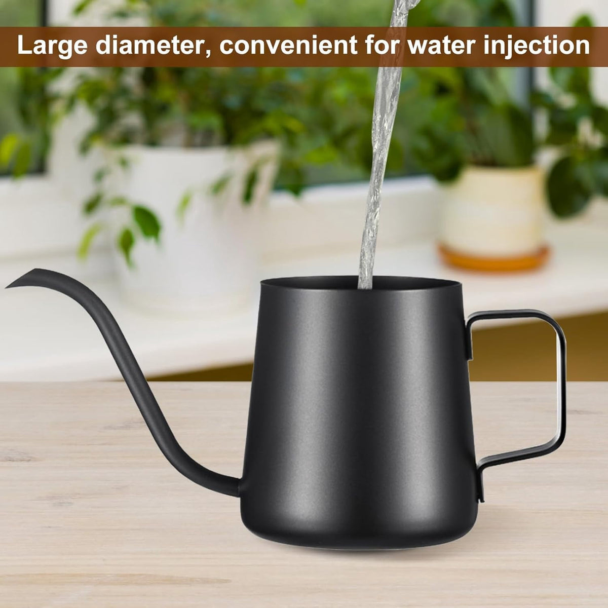 Long-Spout Watering Can in Stainless Steel, 12 oz Indoor Plant Pourer in Black - Image 6