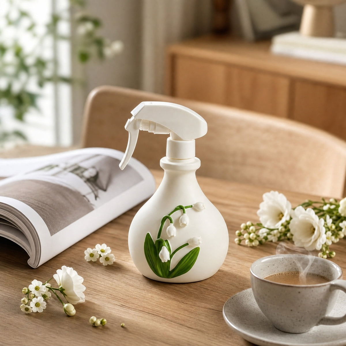 Fine Mist Plant Mister with Embossed Floral Relief, White Resin Spray Bottle - Image 6