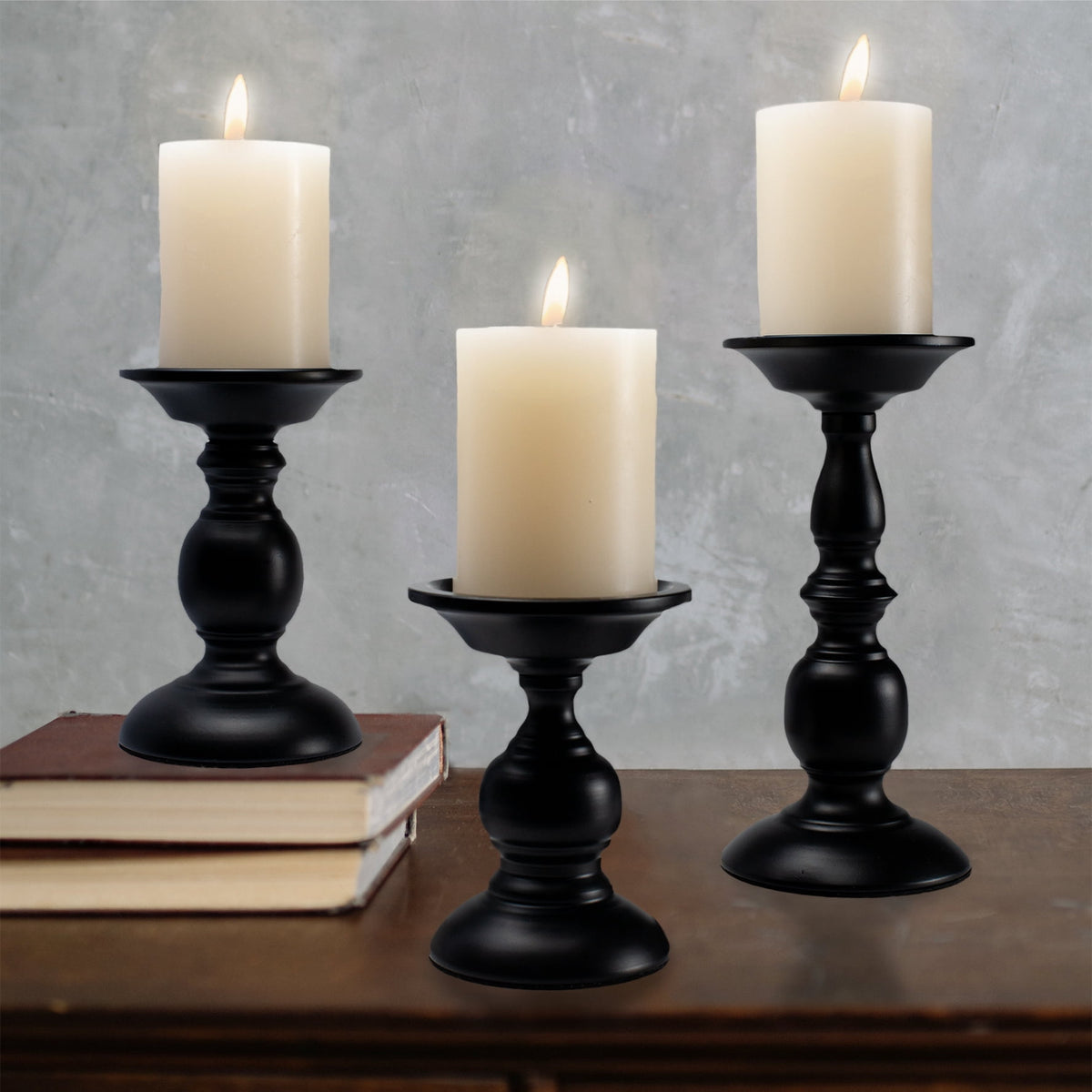Matte Black Pillar Candle Holders, Set of Three Vintage Table Stands - Image 4