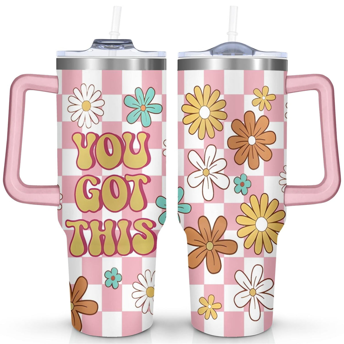Stainless Steel 40 oz Tumbler with Handle and Straw Lid, Daisy Print - Image 2