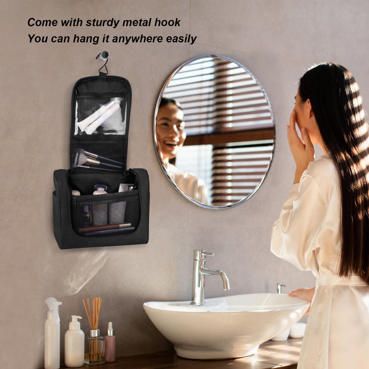 Hanging Toiletry Bag in Water-Repellent Oxford Fabric with Mesh Pockets, Black - Image 5