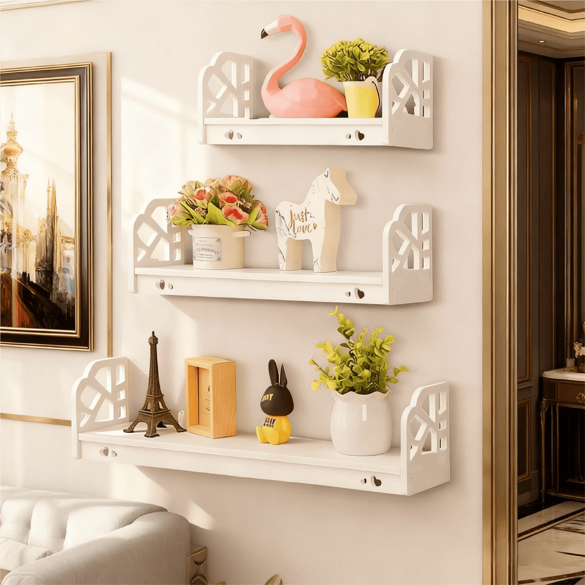 Carved Floating Wall Shelves in White, Set of Three Moisture-Resistant Panels - Image 2