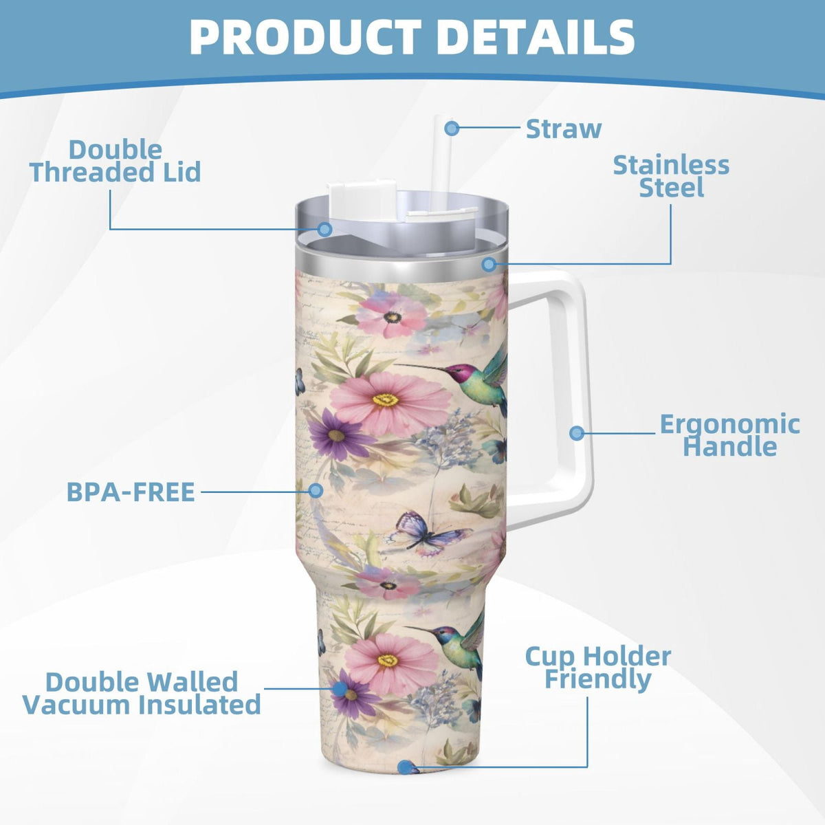 Insulated 40 oz Tumbler with Handle and Straw Lid, Hummingbird Print Stainless Cup - Image 6