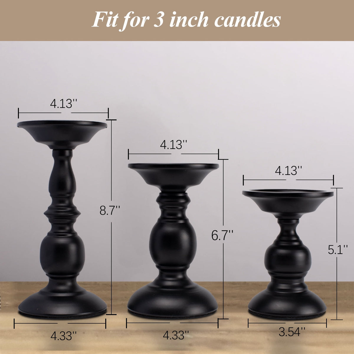 Matte Black Pillar Candle Holders, Set of Three Vintage Table Stands - Image 6