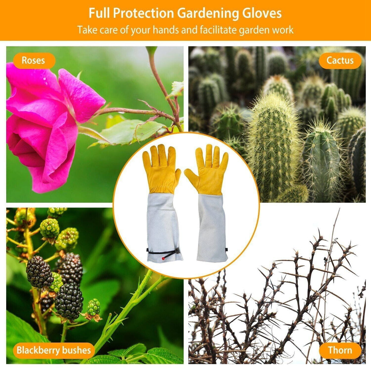 Long-Cuff Leather Gardening Gloves, Thorn-Resistant Cowhide Pair for Rose Pruning - Image 2