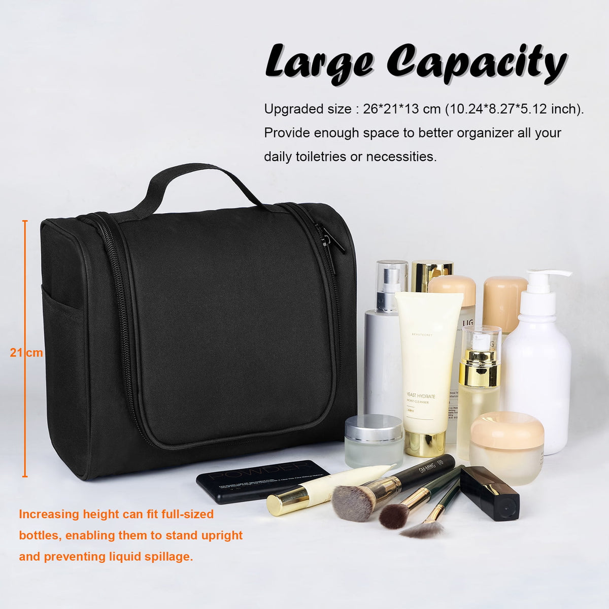 Hanging Toiletry Bag in Water-Repellent Oxford Fabric with Mesh Pockets, Black - Image 4