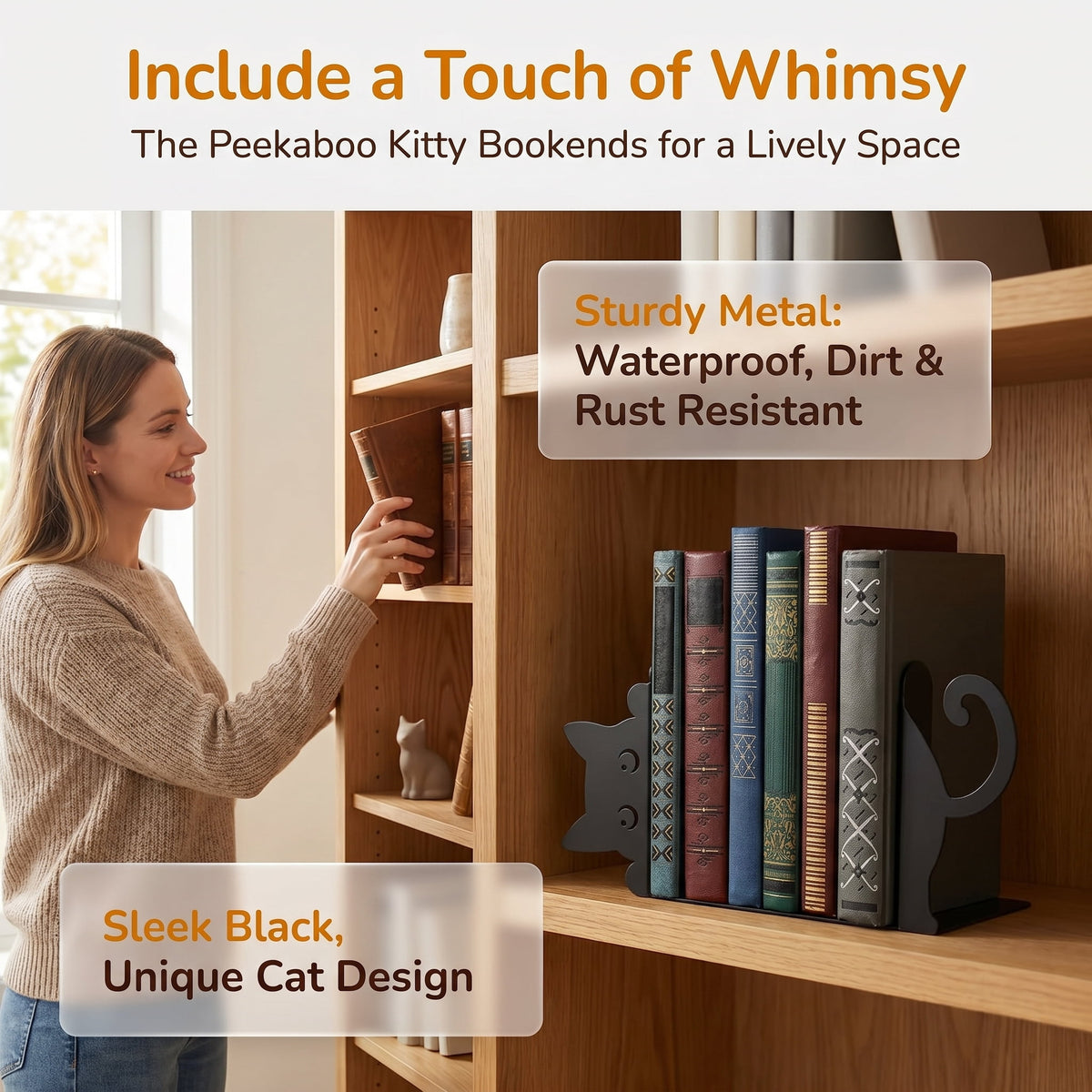 Peeking Cat Bookends in Black Steel, Set of Two with Non-Slip Bases - Image 2