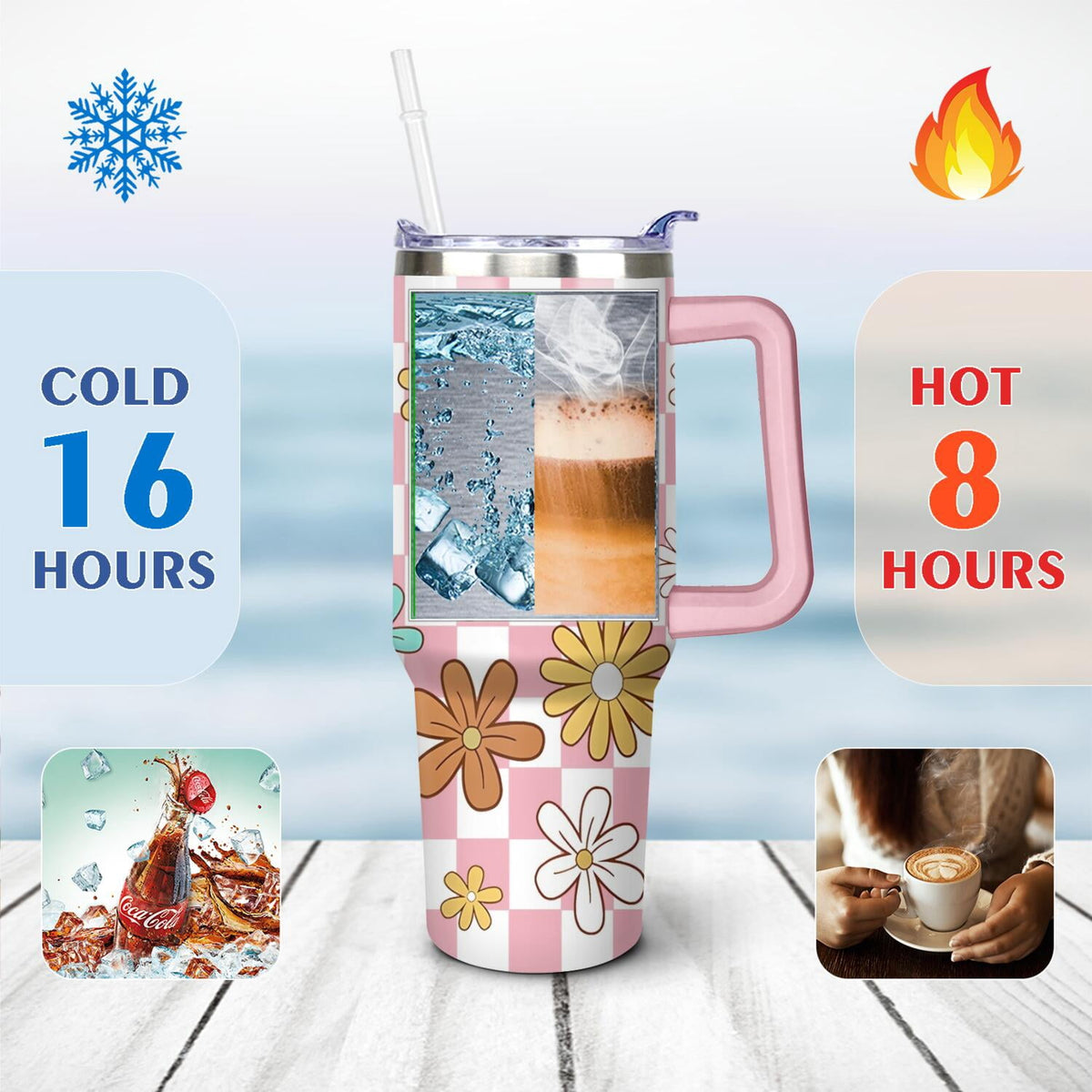 Stainless Steel 40 oz Tumbler with Handle and Straw Lid, Daisy Print - Image 4