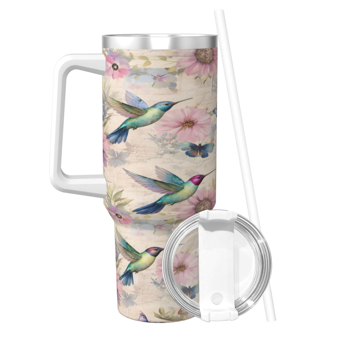 Insulated 40 oz Tumbler with Handle and Straw Lid, Hummingbird Print Stainless Cup - Image 3