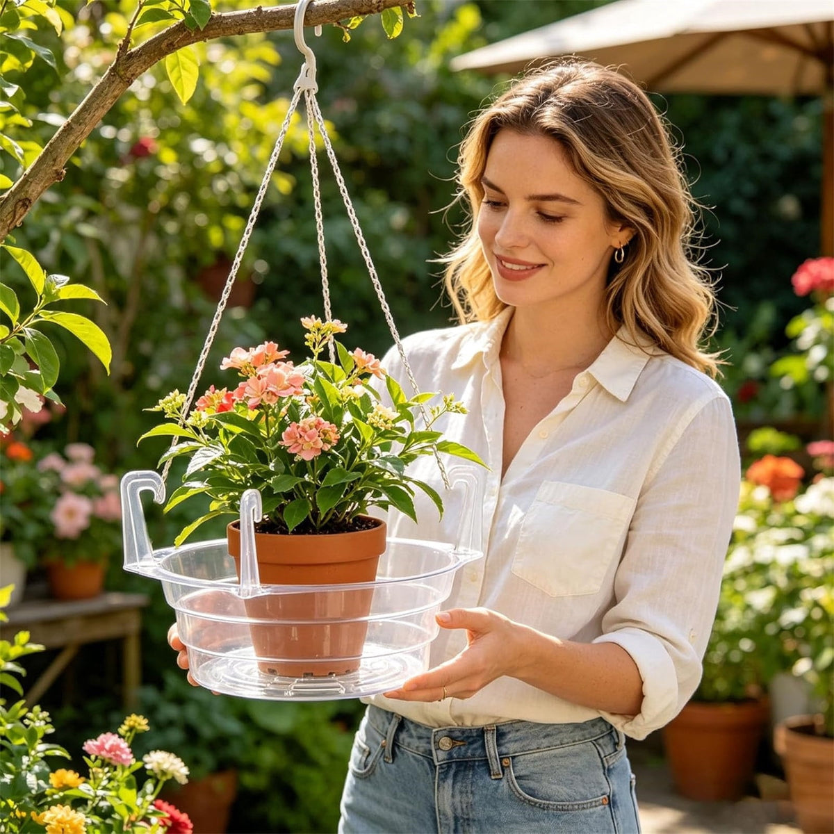 Clear Drip Tray for Hanging Baskets with Four Moulded Hooks, Fits 6 to 12 in Pots - Image 5