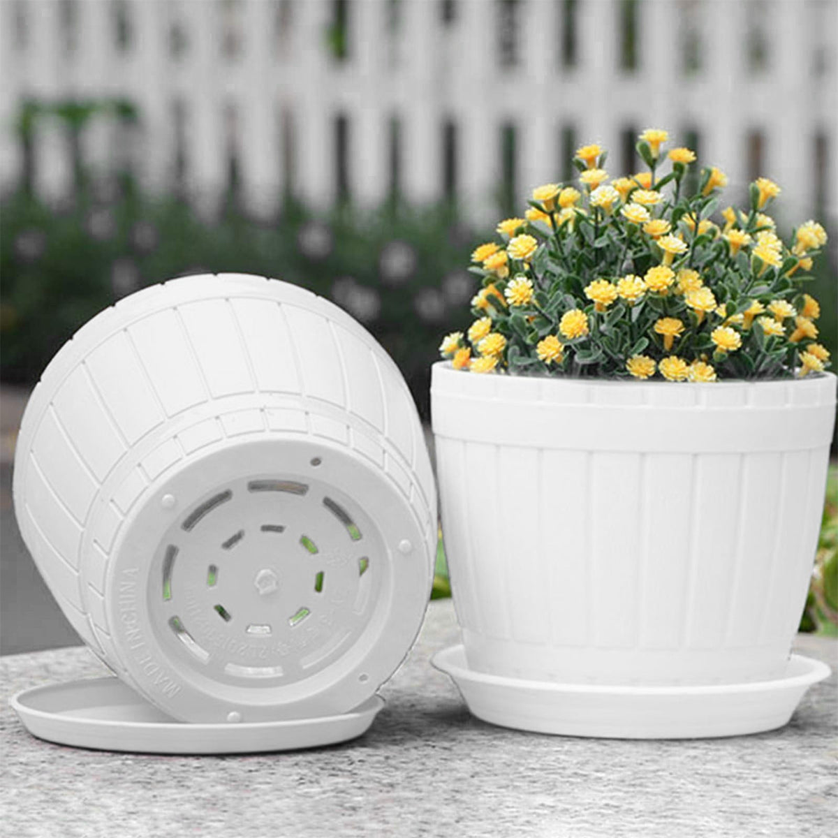 Wide Round Plant Pot in White Resin with Drainage Holes and Matching Saucer - Image 4