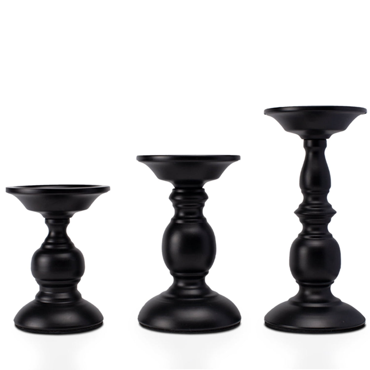 Matte Black Pillar Candle Holders, Set of Three Vintage Table Stands