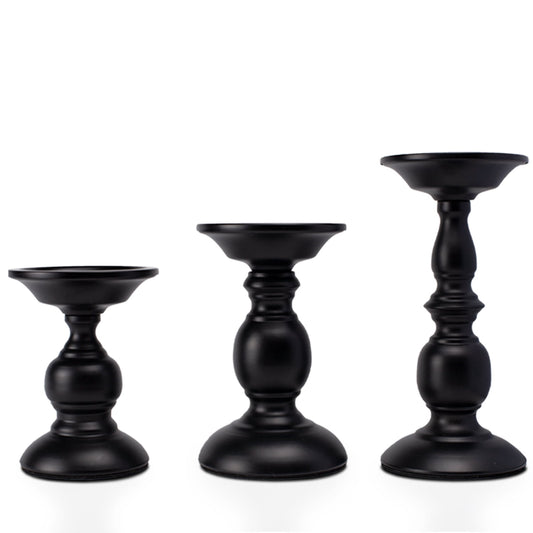 Matte Black Pillar Candle Holders, Set of Three Vintage Table Stands