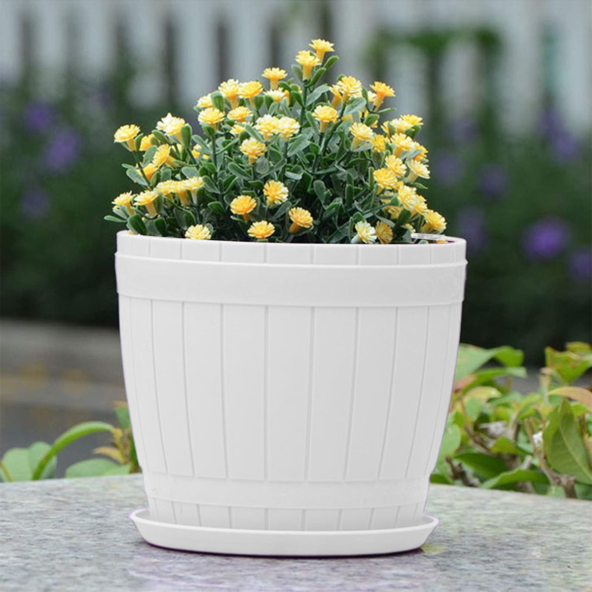 Wide Round Plant Pot in White Resin with Drainage Holes and Matching Saucer - Image 3