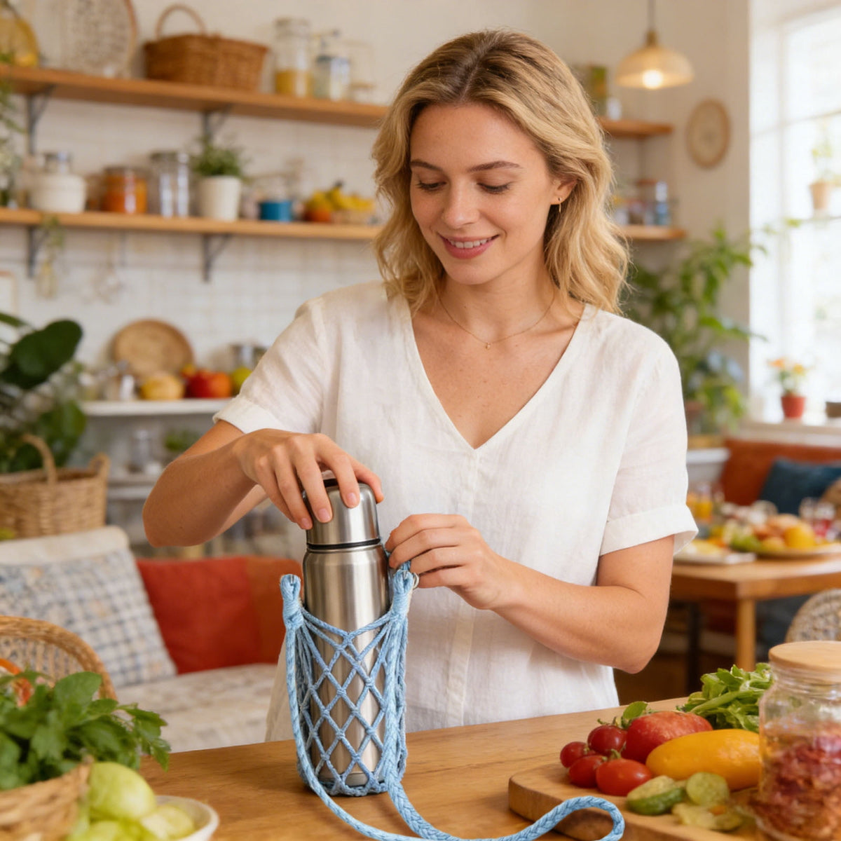 Macrame Bottle Sling in Blue with Adjustable Crossbody Strap, 90 x 10 cm - Image 5