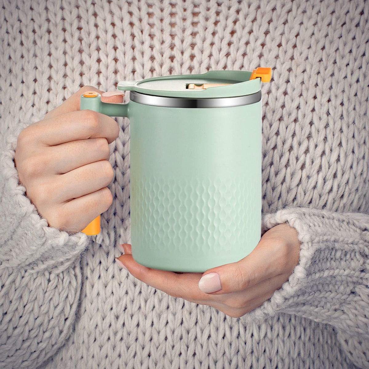 Insulated Stainless Travel Mug with Handle and Sliding Lid, 16 oz in Light Green - Image 5