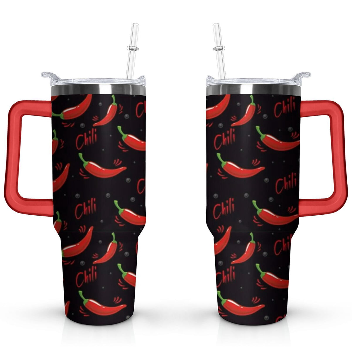 Vacuum Insulated 40 oz Tumbler with Flip Straw and Top Handle, Chili Print - Image 2
