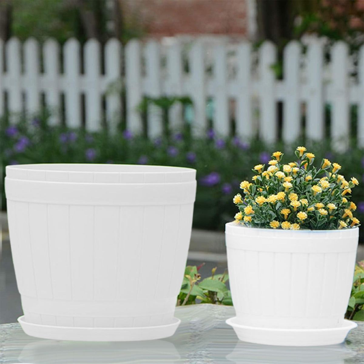 Wide Round Plant Pot in White Resin with Drainage Holes and Matching Saucer - Image 2