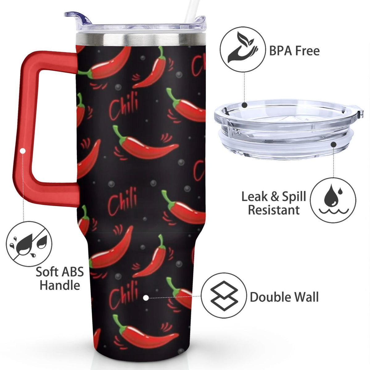 Vacuum Insulated 40 oz Tumbler with Flip Straw and Top Handle, Chili Print - Image 3
