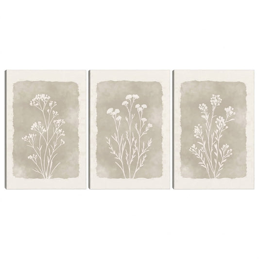 Botanical Canvas Wall Art, Set of Three 12 x 16 in Gallery-Wrapped Prints in Beige