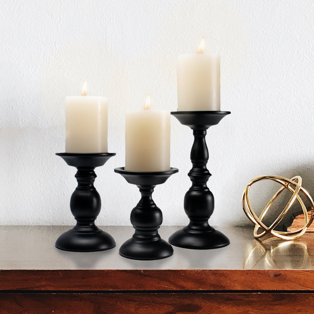 Matte Black Pillar Candle Holders, Set of Three Vintage Table Stands - Image 3