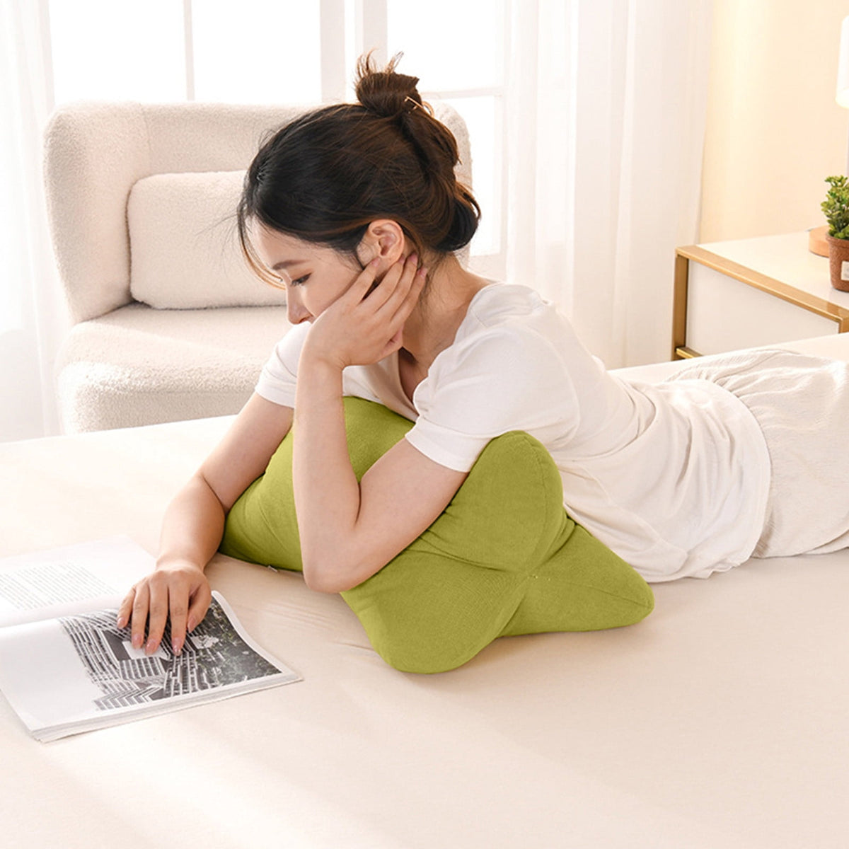 Bone-Shaped Support Pillow in Green Polyester, 21.65 in Rest Cushion for Car and Desk - Image 4