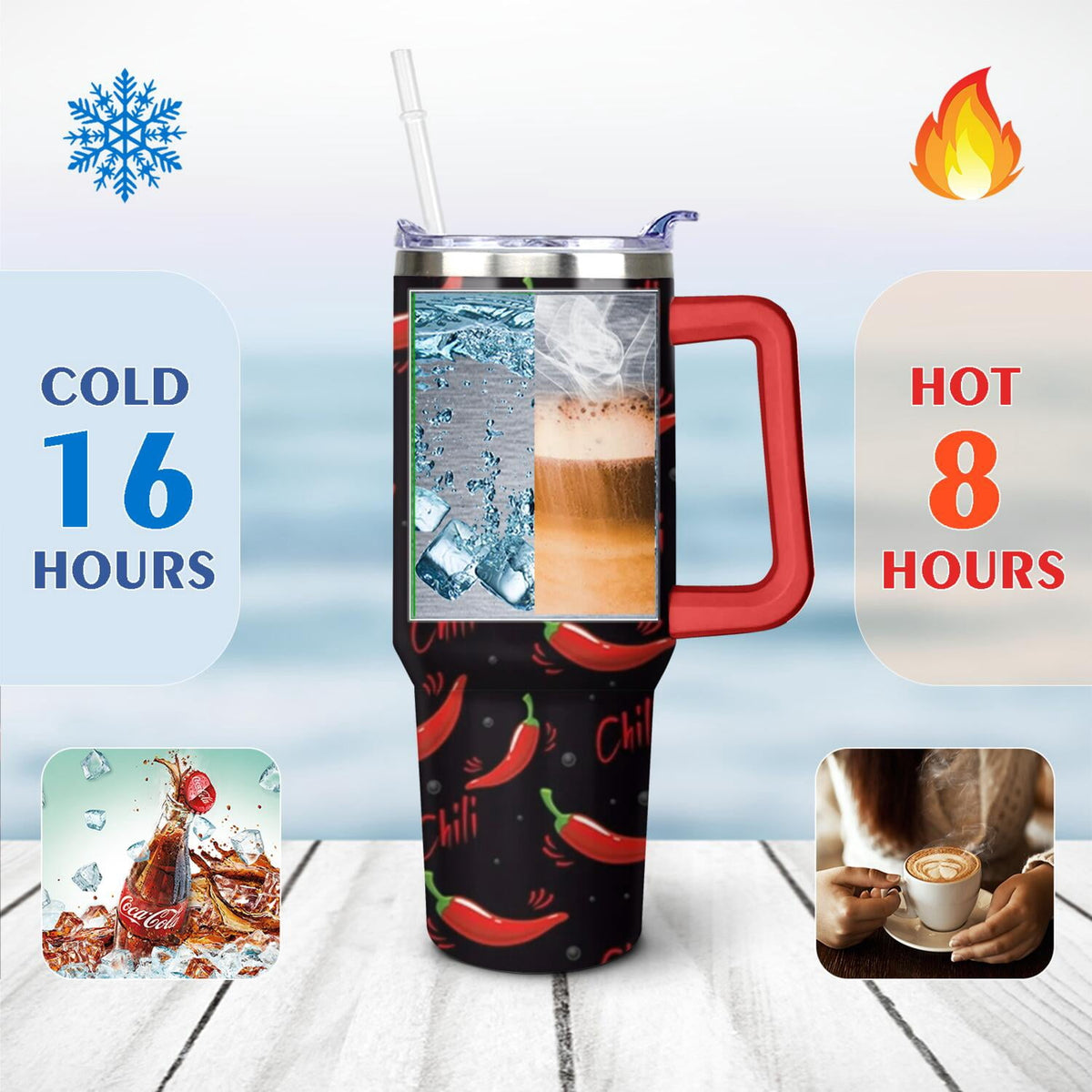 Vacuum Insulated 40 oz Tumbler with Flip Straw and Top Handle, Chili Print - Image 4