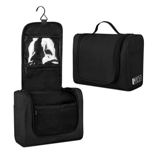 Hanging Toiletry Bag in Water-Repellent Oxford Fabric with Mesh Pockets, Black