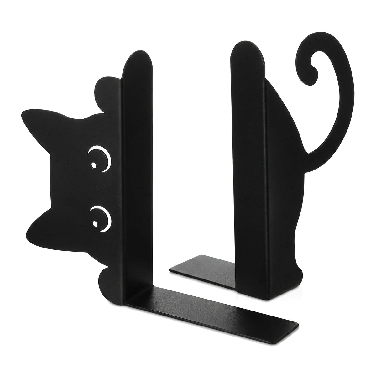 Peeking Cat Bookends in Black Steel, Set of Two with Non-Slip Bases