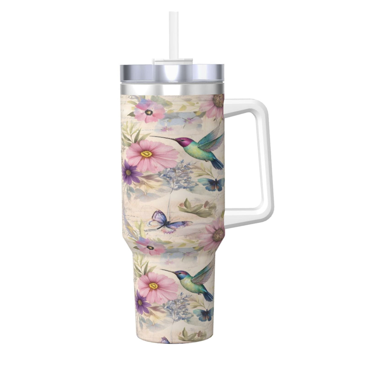 Insulated 40 oz Tumbler with Handle and Straw Lid, Hummingbird Print Stainless Cup - Image 2