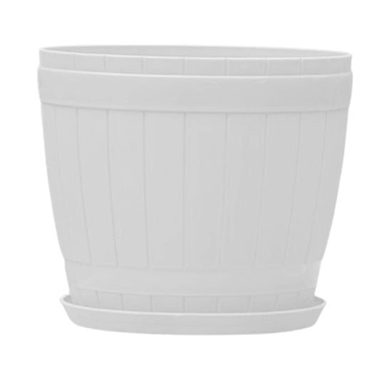 Wide Round Plant Pot in White Resin with Drainage Holes and Matching Saucer