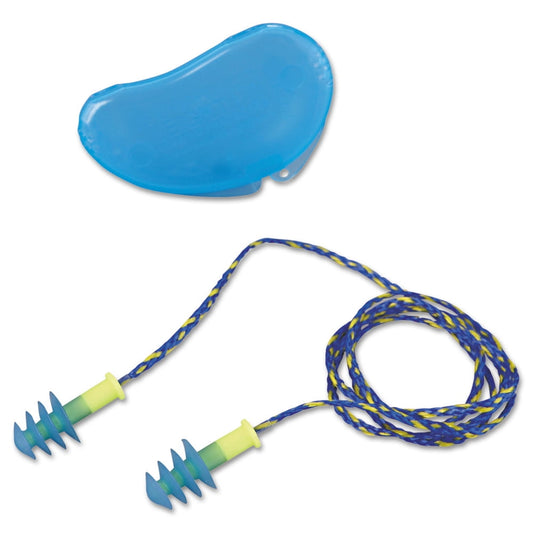 Corded Foam Earplugs Rated 27 dB, 100 Pairs in Blue and White, Regular Size