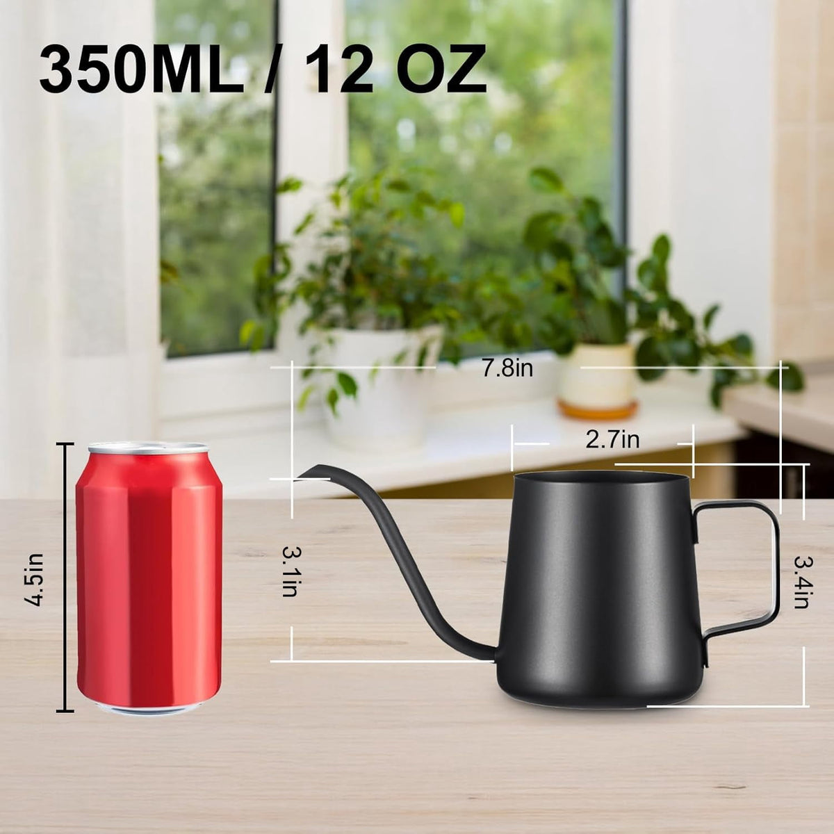 Long-Spout Watering Can in Stainless Steel, 12 oz Indoor Plant Pourer in Black - Image 5