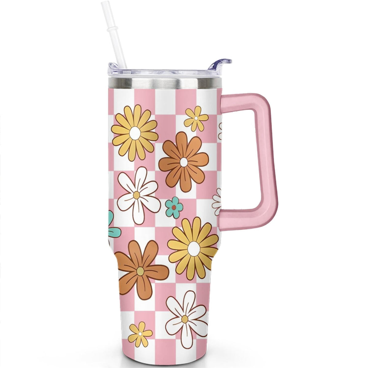 Stainless Steel 40 oz Tumbler with Handle and Straw Lid, Daisy Print