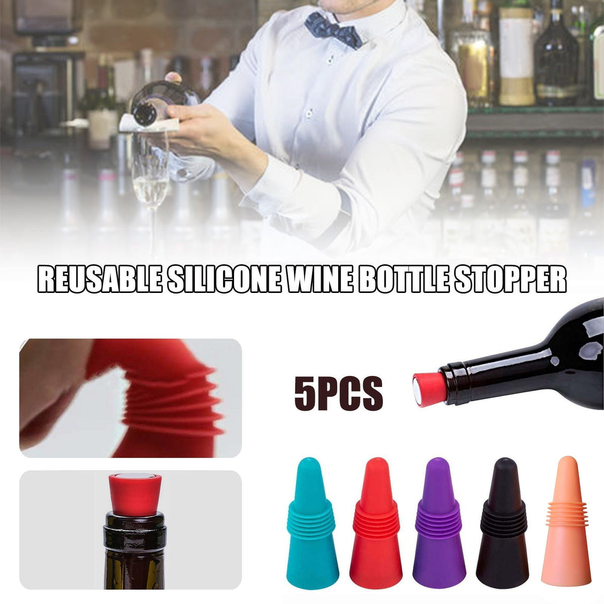 Bottle Stoppers with Stainless Cores, Five Colourful Silicone Seals, 2.5 x 1 in - Image 3