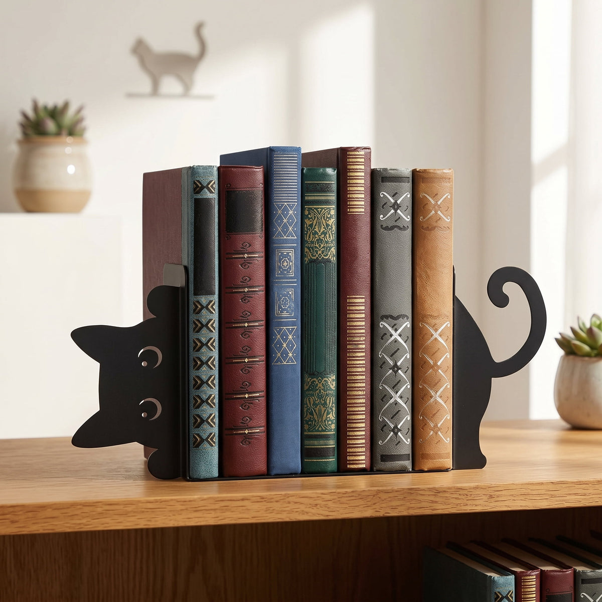 Peeking Cat Bookends in Black Steel, Set of Two with Non-Slip Bases - Image 6