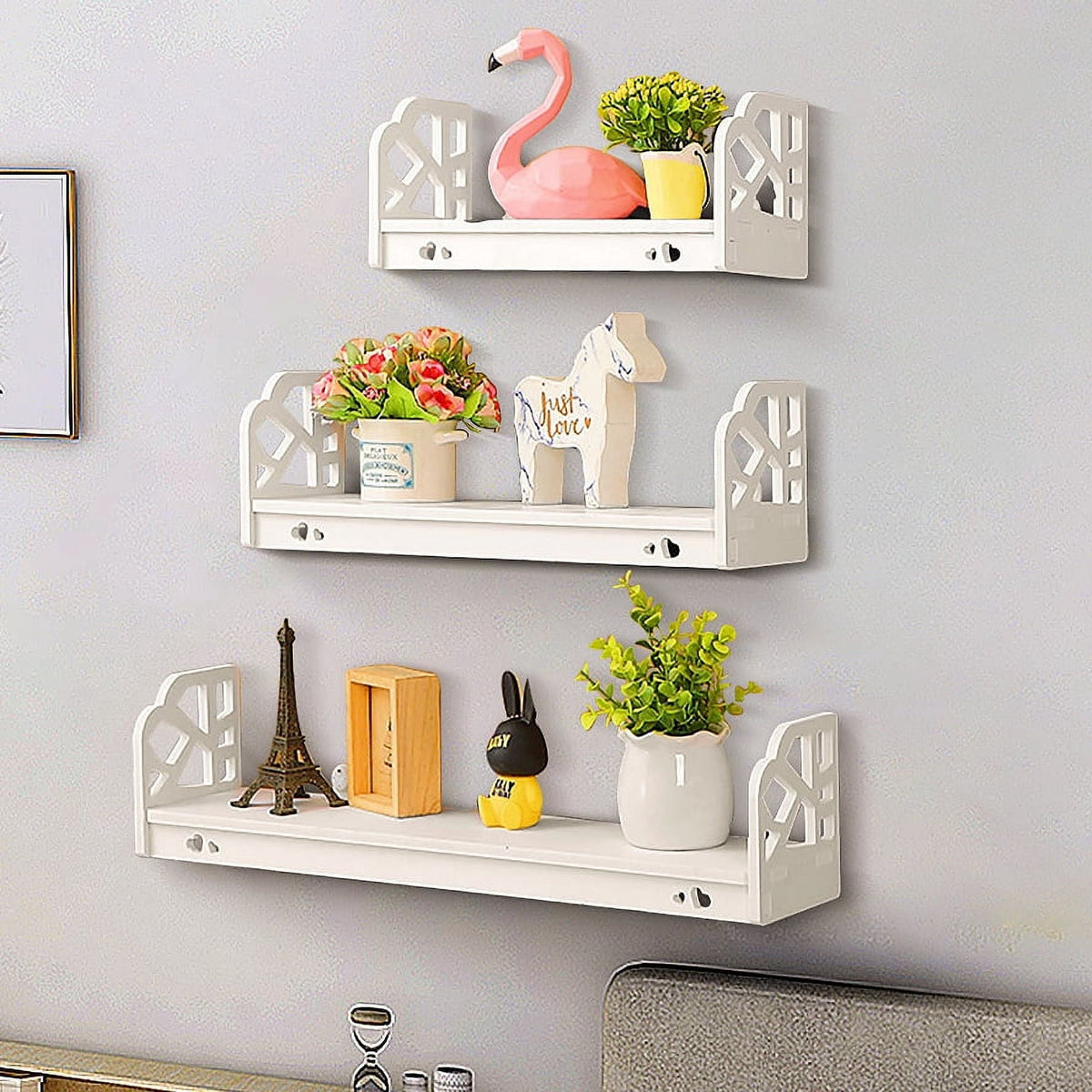 Carved Floating Wall Shelves in White, Set of Three Moisture-Resistant Panels - Image 4