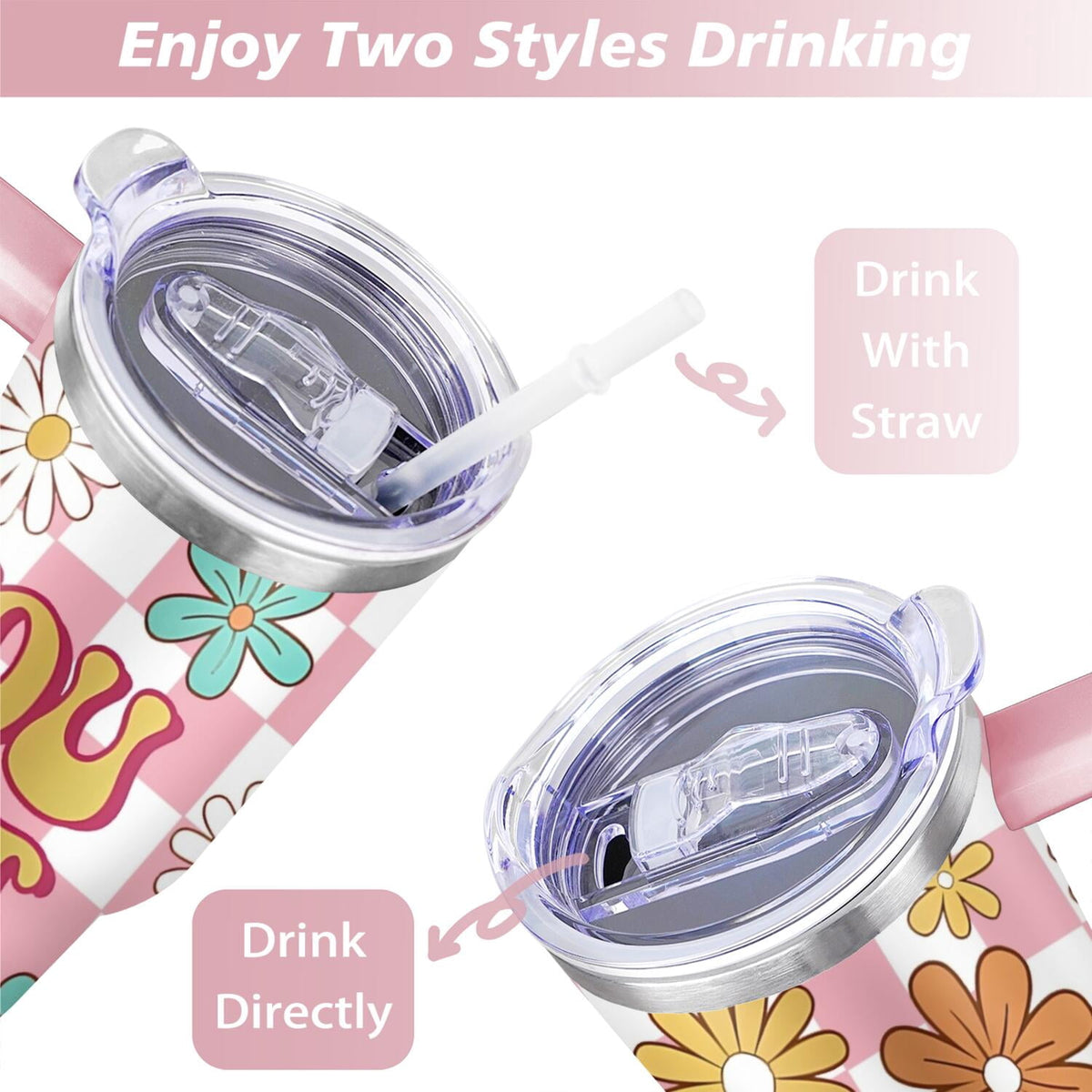 Stainless Steel 40 oz Tumbler with Handle and Straw Lid, Daisy Print - Image 5