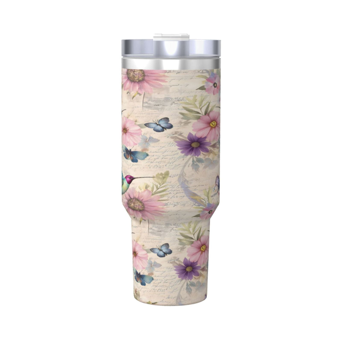 Insulated 40 oz Tumbler with Handle and Straw Lid, Hummingbird Print Stainless Cup