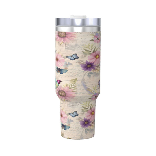 Insulated 40 oz Tumbler with Handle and Straw Lid, Hummingbird Print Stainless Cup