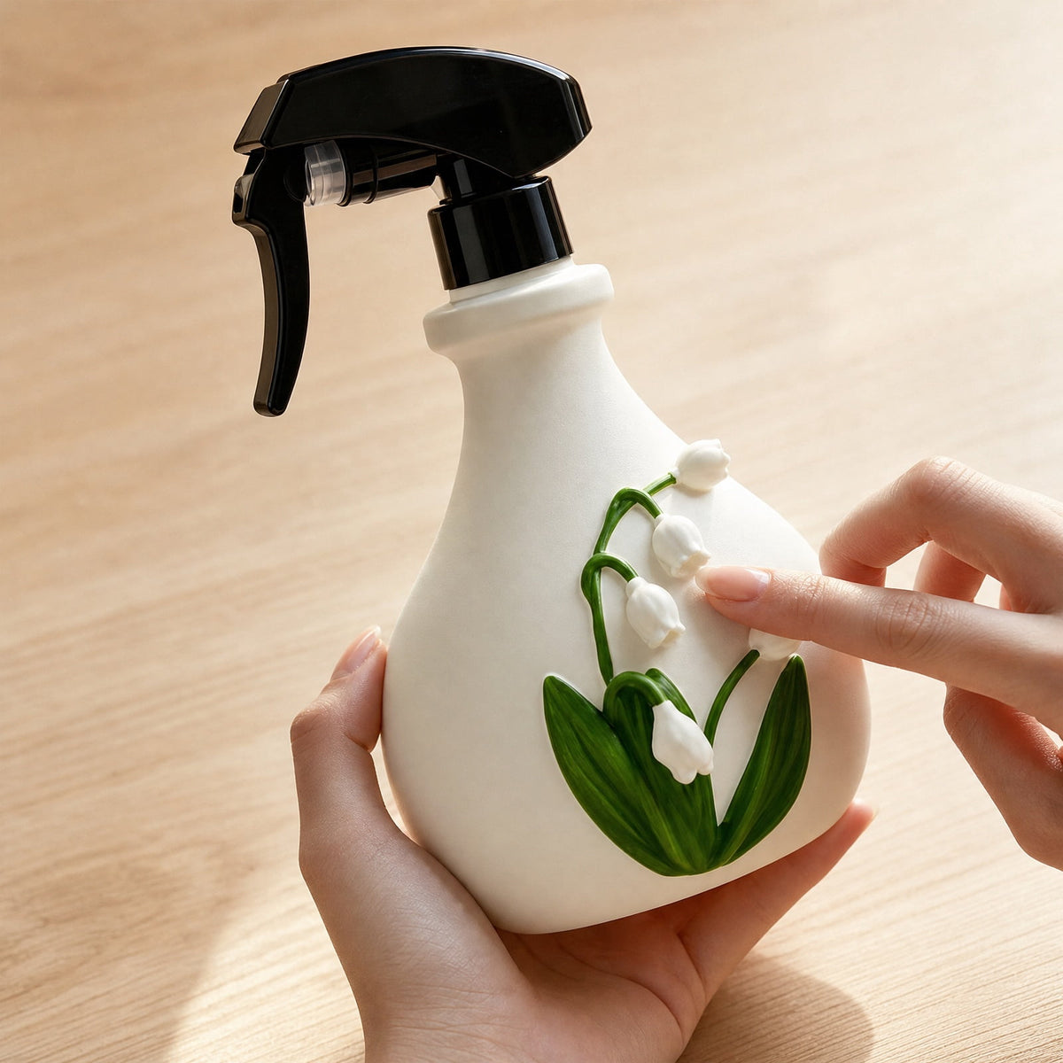 Fine Mist Plant Mister with Embossed Floral Relief, White Resin Spray Bottle - Image 3