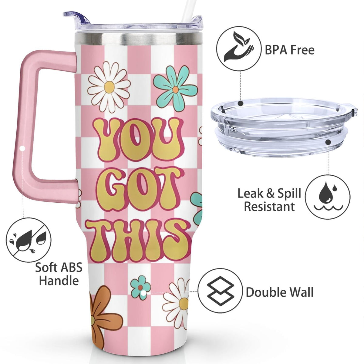 Stainless Steel 40 oz Tumbler with Handle and Straw Lid, Daisy Print - Image 3