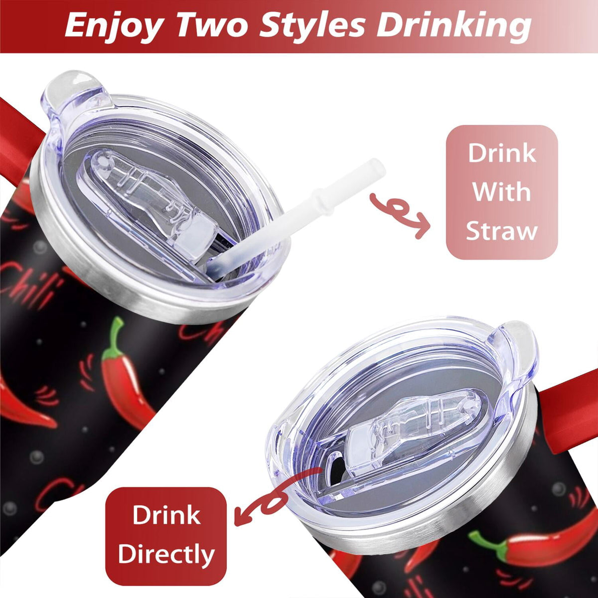 Vacuum Insulated 40 oz Tumbler with Flip Straw and Top Handle, Chili Print - Image 5