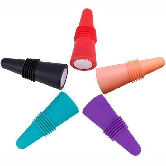 Bottle Stoppers with Stainless Cores, Five Colourful Silicone Seals, 2.5 x 1 in