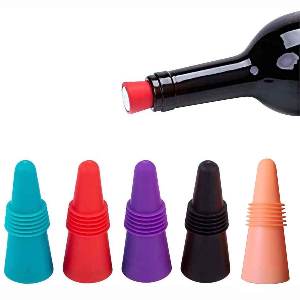 Bottle Stoppers with Stainless Cores, Five Colourful Silicone Seals, 2.5 x 1 in - Image 2