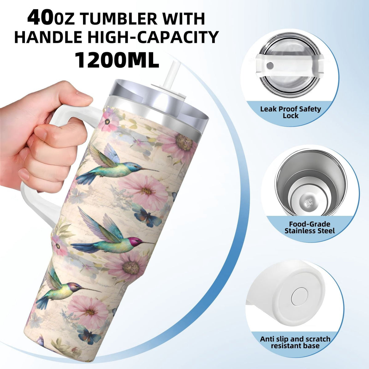 Insulated 40 oz Tumbler with Handle and Straw Lid, Hummingbird Print Stainless Cup - Image 4