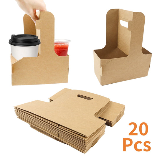 Kraft Paper Two-Cup Carriers with Handle, 20-Pack for Hot and Cold Drinks