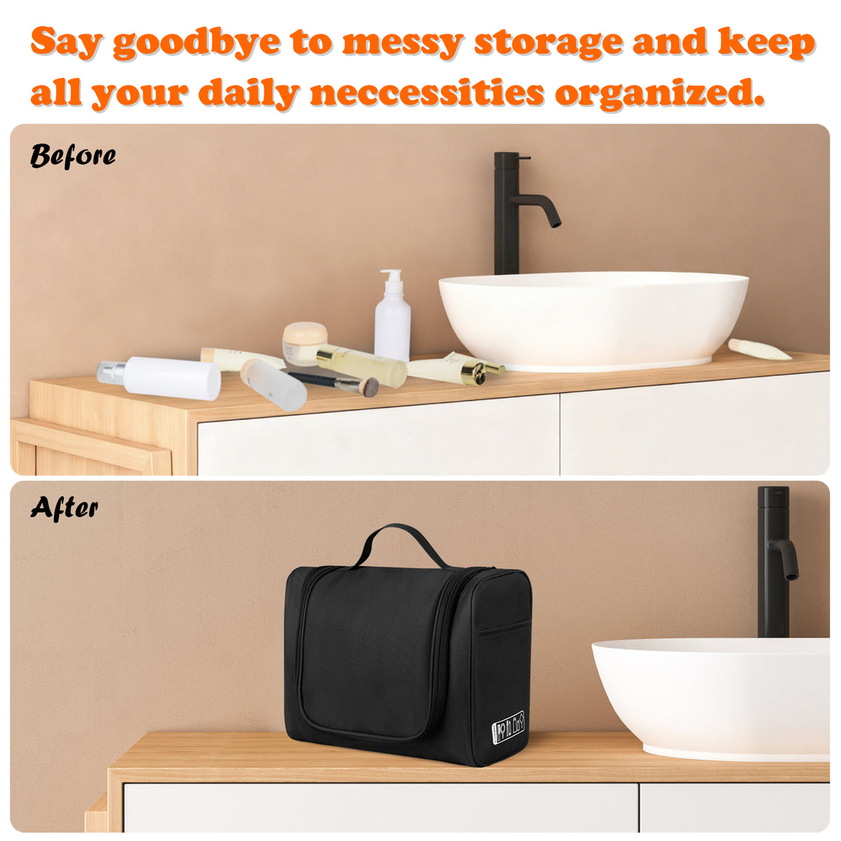 Hanging Toiletry Bag in Water-Repellent Oxford Fabric with Mesh Pockets, Black - Image 6