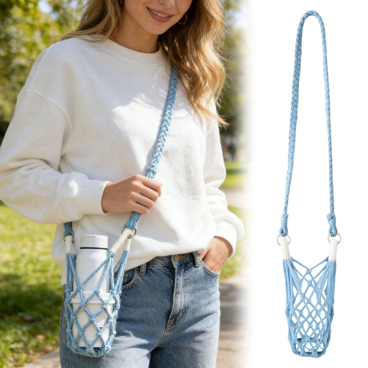 Macrame Bottle Sling in Blue with Adjustable Crossbody Strap, 90 x 10 cm - Image 2
