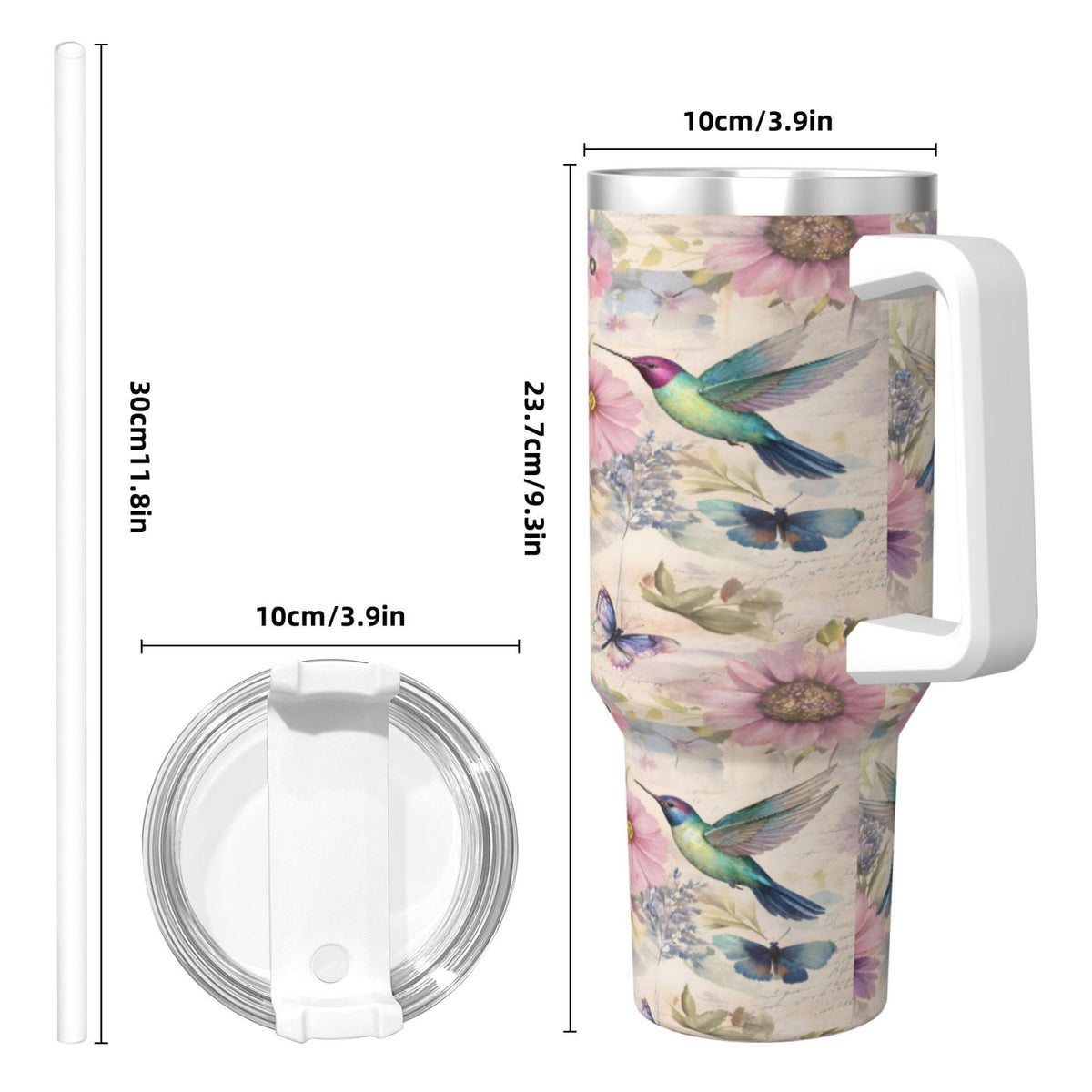 Insulated 40 oz Tumbler with Handle and Straw Lid, Hummingbird Print Stainless Cup - Image 5